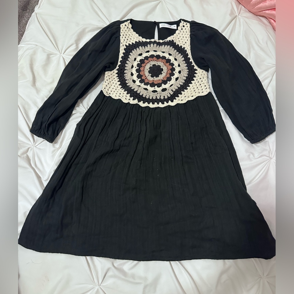 ZARA Black Dress with Cream Crochet Detail